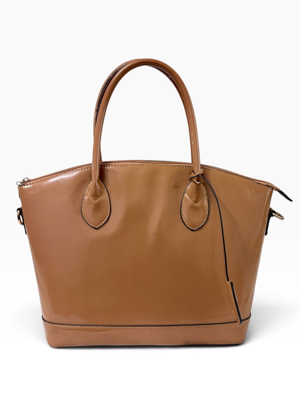 Browns Structured Trapeze Dome Tote Bag High-Shine Glossy Caramel Top Hand Purse